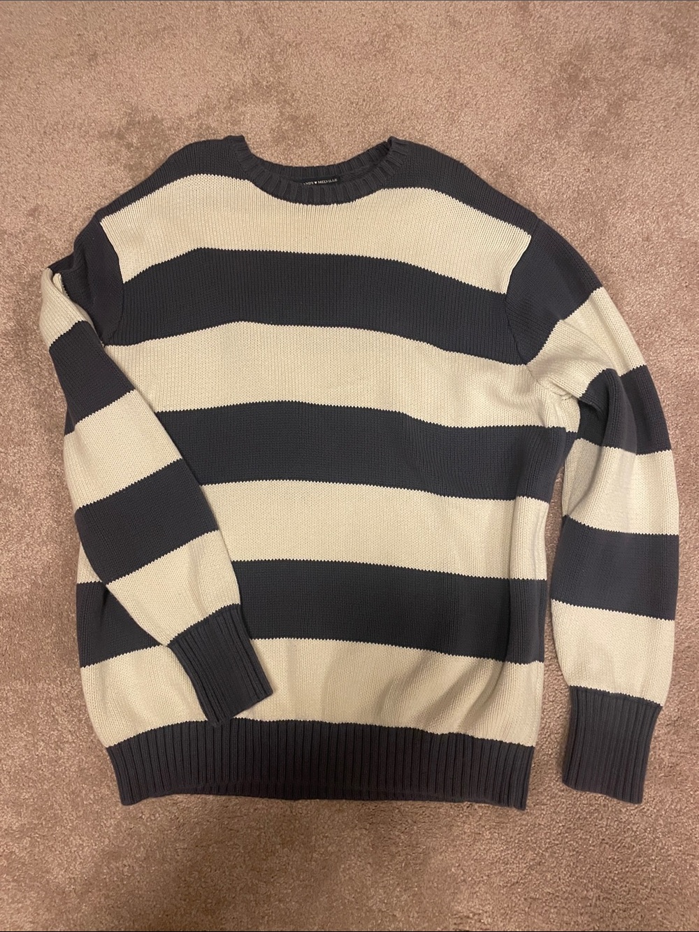 Brandy Melville Navy and Cream Striped Knit Sweater